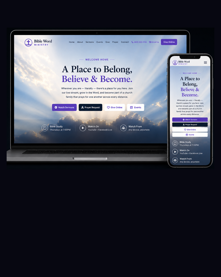 Bible Word Ministry website — online church platform with sermon streaming and online giving