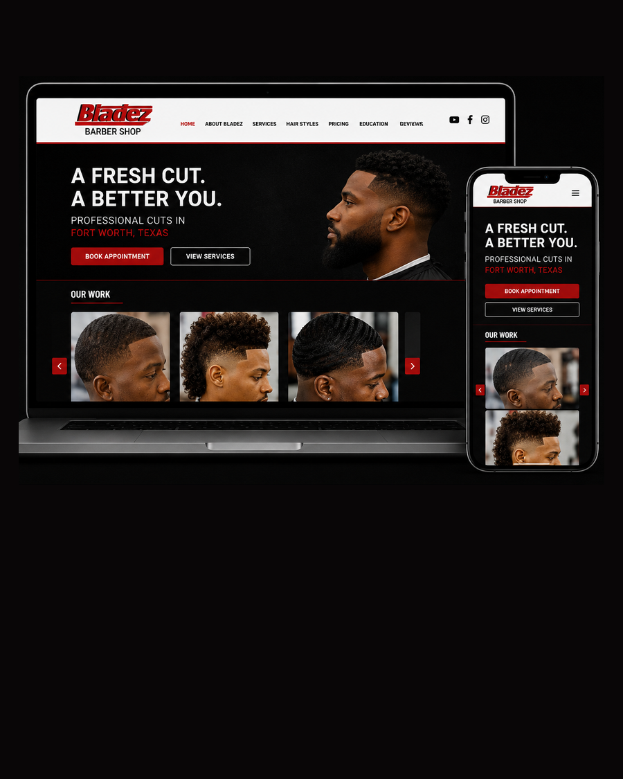 Bladez Barber Shop website — Fort Worth barber shop with haircut gallery and local SEO