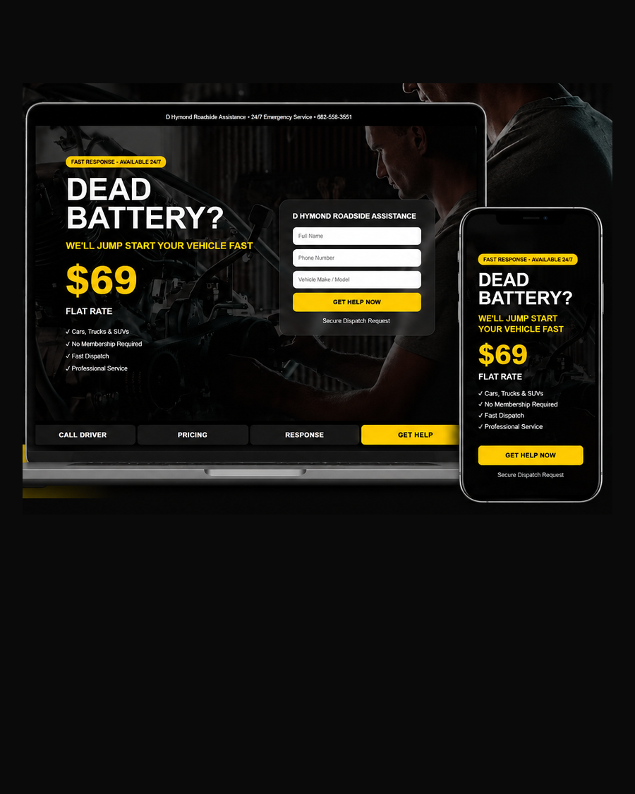 D Hymond Roadside Assistance website — 24/7 jump start and dispatch site, Fort Worth